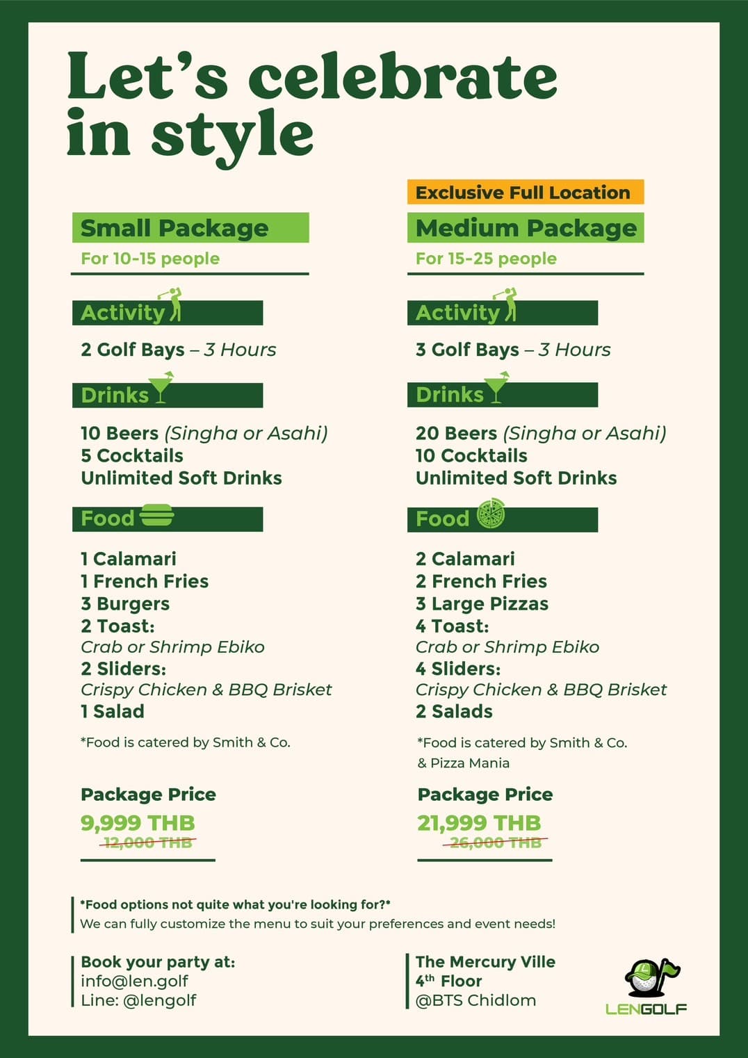 LENGOLF Event Packages: Small Package 9,999 THB for 10–15 guests with 2 bays, Medium Package 21,999 THB for 15–25 guests with 4 bays and exclusive full-location rental