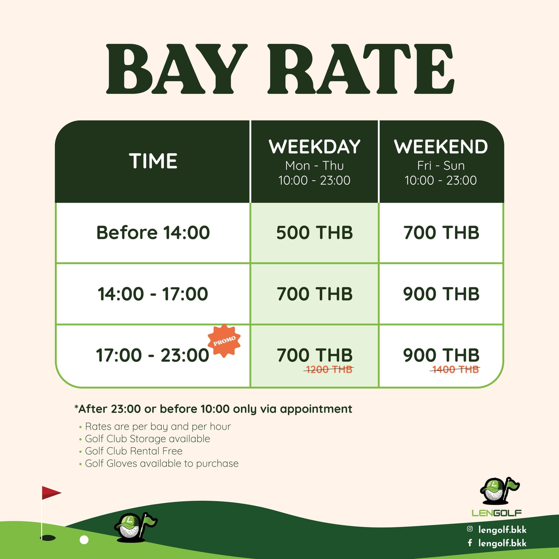 LENGOLF bay rates: weekday 500–700 THB/hr, weekend 700–900 THB/hr, up to 5 players per bay, golf club rental included